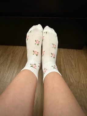 White Ankle Socks with Pink Floral Pattern